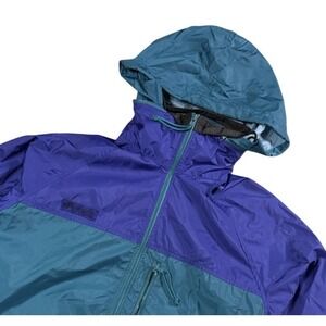 Vintage Columbia Windbreaker Jacket 90s Teal Purple Colorblock XL Built-in hood